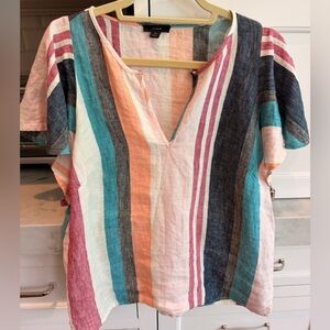 J. Crew Women’s Striped Linen V-Neck Top in Teal, Coral, Pink, Navy, size 8, EUC